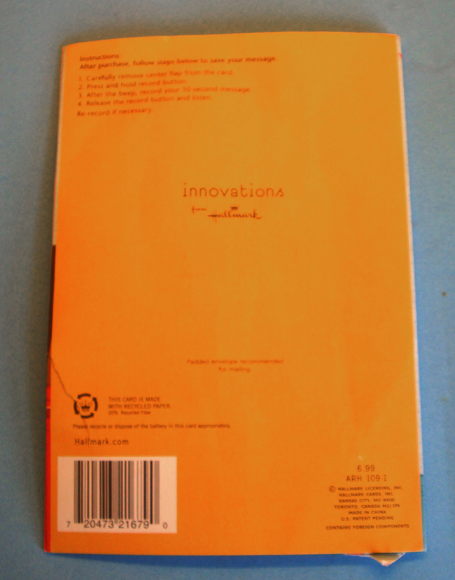 Hallmark Innovations Voice Recorder Card - Back of the Card