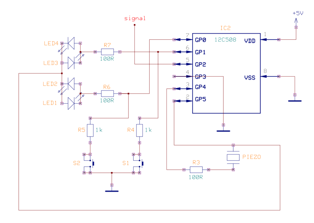 12C508 PIC with LEDS, switches, and piezo audio output