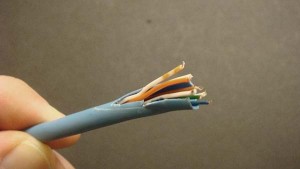 The exposed Cat5 cable wires